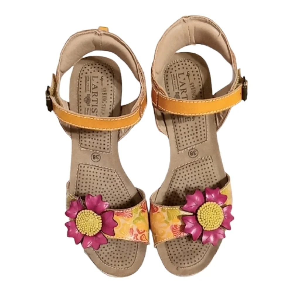 L'artiste Annmarie Hand Painted Leather Sandals Jute Trim Wedge Platforms Sz 8